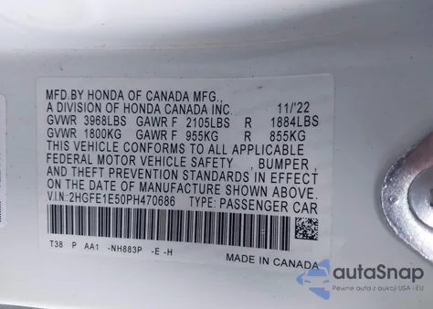 2023 Honda Civic Si Sedan из США, поврежденный, VIN 2HGFE1E50PH470686